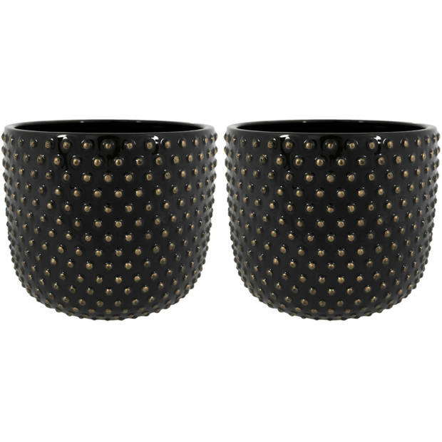 Ter Steege Plantenpot/bloempot Luxery Spike - 2x - keramiek - zwart - Bolletjes motief - D18 x H15 cm - Plantenpotten