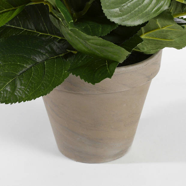 Hortensia kunstplant/kunstbloemen 45 cm - wit - in pot titanium grijs glans - Kunstplanten