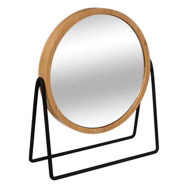 5Five make-up spiegel - 3x zoom - bamboe/hout - 17 x 20 cm - lichtbruin/zwart - dubbelzijdig - Make-up spiegeltjes