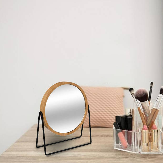 5Five make-up spiegel - 3x zoom - bamboe/hout - 17 x 20 cm - lichtbruin/zwart - dubbelzijdig - Make-up spiegeltjes