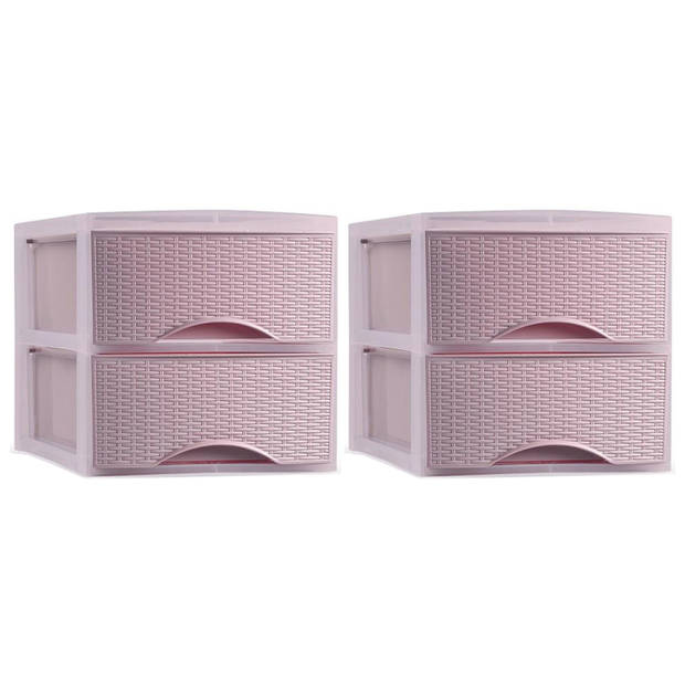 Plasticforte thuis kantoor organizer ladeblok - 2x - 2 lades - 25 x 37 x 26 cm - kunststof - roze - Ladeblok