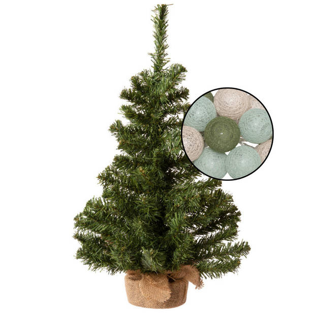 Mini kerstboom groen met verlichting - in jute zak - H60 cm - kleur mix groen - Kunstkerstboom