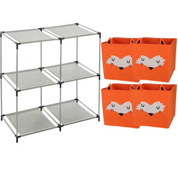 Kastmandjes/opberg mandjes - vossen print - oranje - 4x stuks van 29L - In rekje van 68 x 68 cm - Opbergmanden