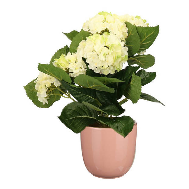 Hortensia kunstplant/kunstbloemen 36 cm - wit/groen - in pot lichtroze glans - Kunstplanten