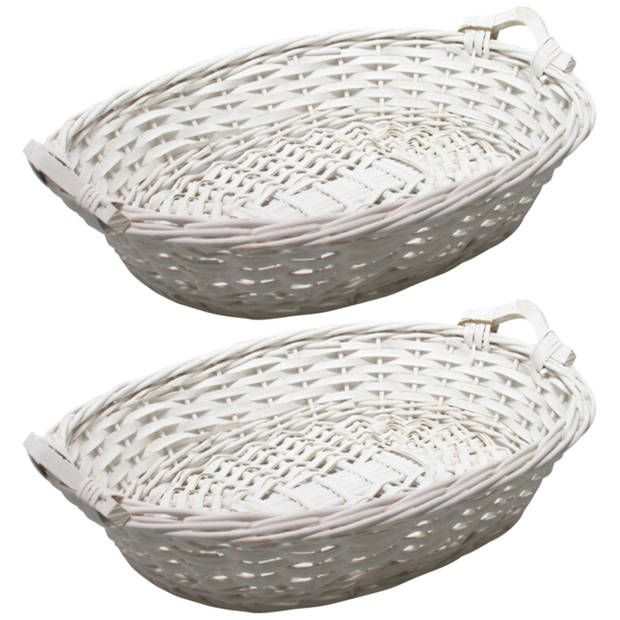 Broodmand ovaal - 2x - wit - 43 x 33 x 9 cm - mandje rotan/riet - broodmand