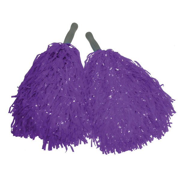 Funny Fashion Cheerballs/pompoms - set van 2x - paars - met franjes en stick handgreep - 25 cm - voor kinderen - Verklee