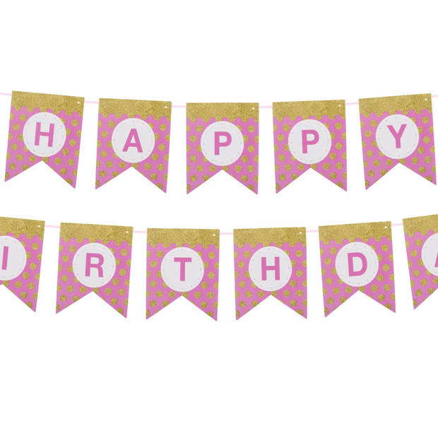 Funny Fashion Happy Birthday thema feestslinger - verjaardag - roze/goud - 300 cm - papier - Feestslingers