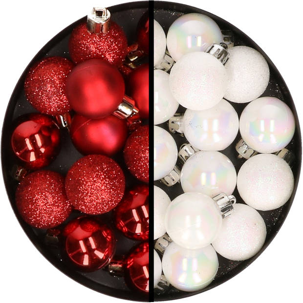 34x stuks kunststof kerstballen rood en parelmoer wit 3 cm - Kerstbal
