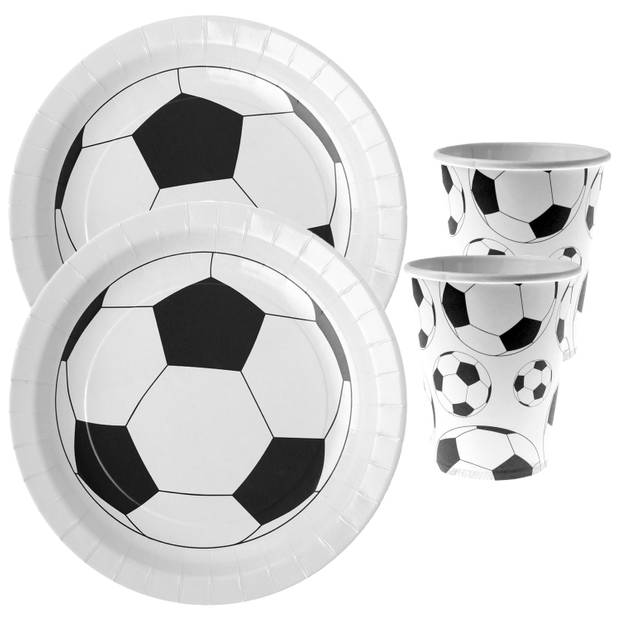 Voetbal feest wegwerp servies set - 20x bordjes / 20x bekers - wit/zwart - Feestpakketten