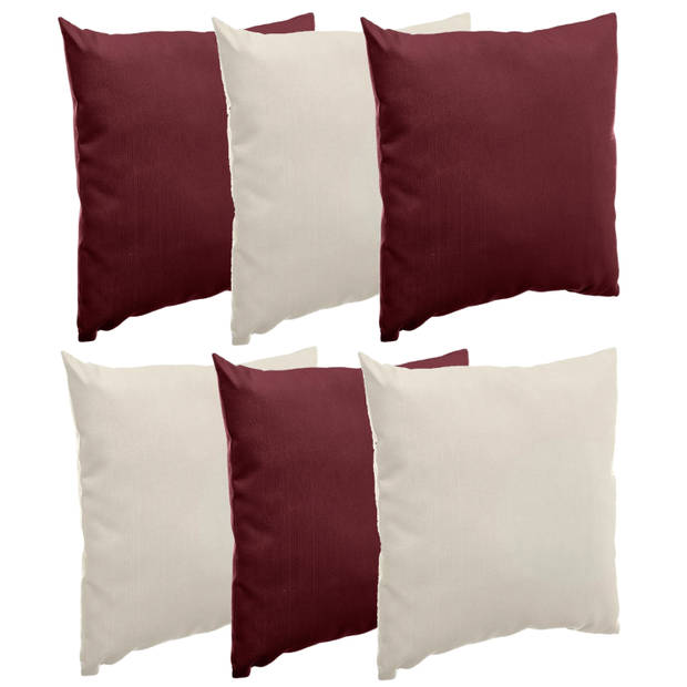 Bank/sier/tuin kussens voor binnen/buiten set 6x stuks beige/bordeaux rood 40 x 40 cm - Sierkussens