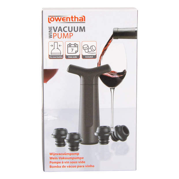 Lowenthal Vacuum wijnpomp incl 4x flessenstoppers - zwart - kunststof - H17 cm - Wijnpompen