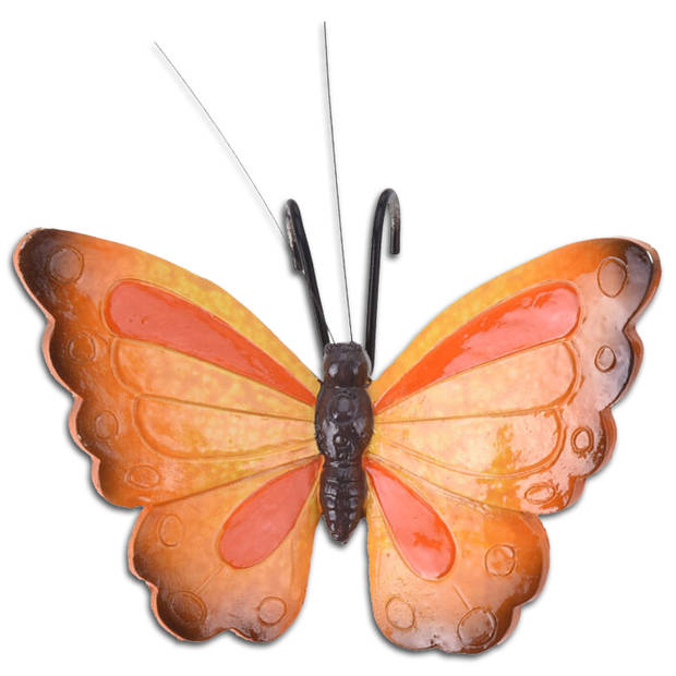 Tuindecoratie bloempothanger vlinder - set 2x - oranje/oranjerood - kunststeen - 13 x 10 cm - Tuinbeelden