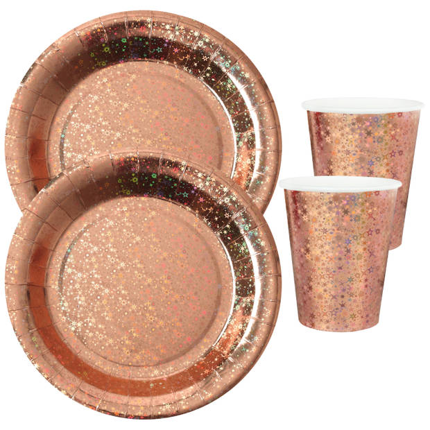 Feest wegwerp servies set - glitter - 10x bordjes / 10x bekers - rose goud - Feestpakketten