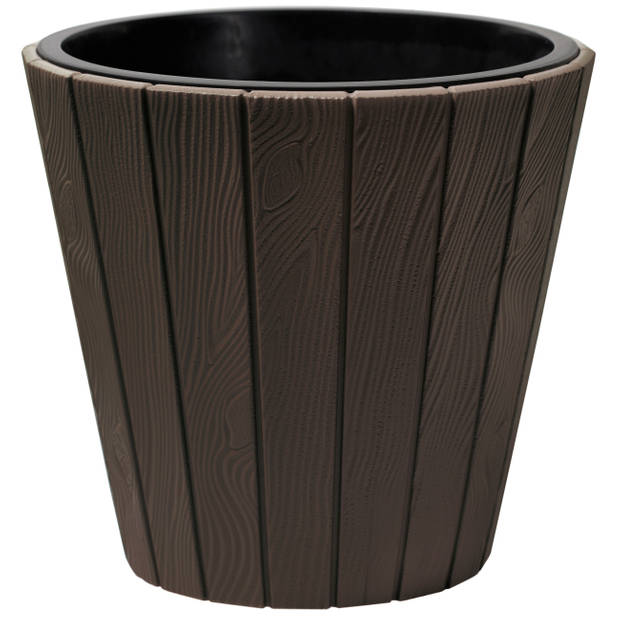 Prosperplast Plantenpot/bloempot Wood Style - 2x - buiten/binnen - kunststof - donkerbruin - D30 x H28 cm - Plantenpotte