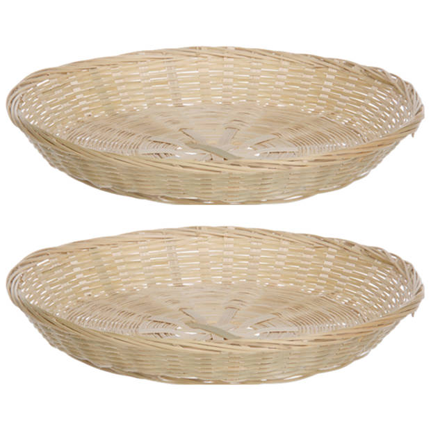 Broodmand rond - 2x - bamboe hout - D30 cm - mandje rotan/riet - broodmand