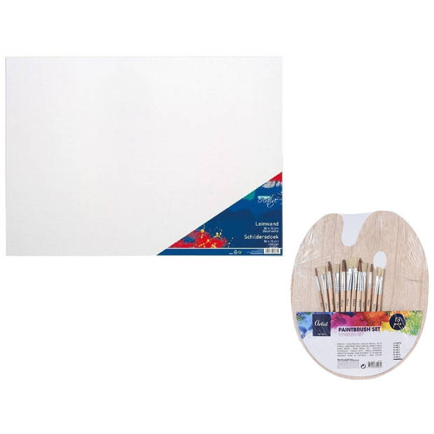 Hobby speelgoed set 2x Schildersdoeken 50 x 70 cm met palet en 12 kwasten - Schildersdoeken