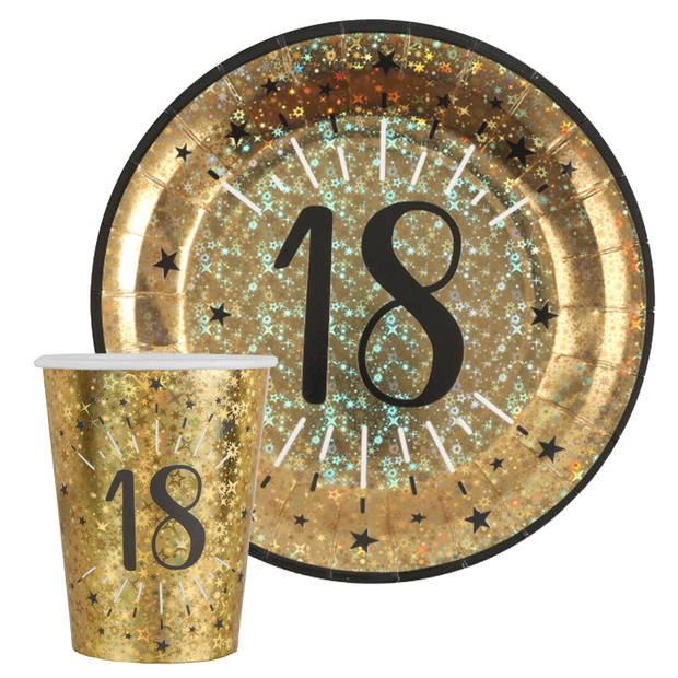 Verjaardag feest bekertjes en bordjes leeftijd - 20x - 18 jaar - goud - karton - Feestpakketten