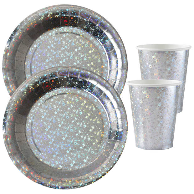 Feest wegwerp servies set - glitter - 10x bordjes / 10x bekers - zilver - Feestpakketten