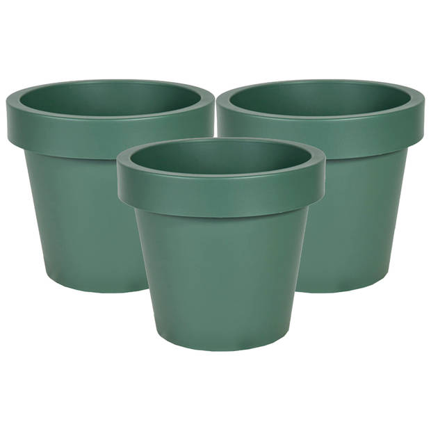 Mega Collections Plantenpot/bloempot - 3x - kunststof - donkergroen - buiten - D16 x H14 cm - Plantenpotten