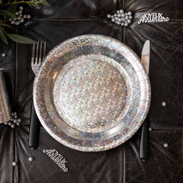 Santex feest wegwerpbordjes - glitter - 10x stuks - 23 cm - zilver - Feestbordjes