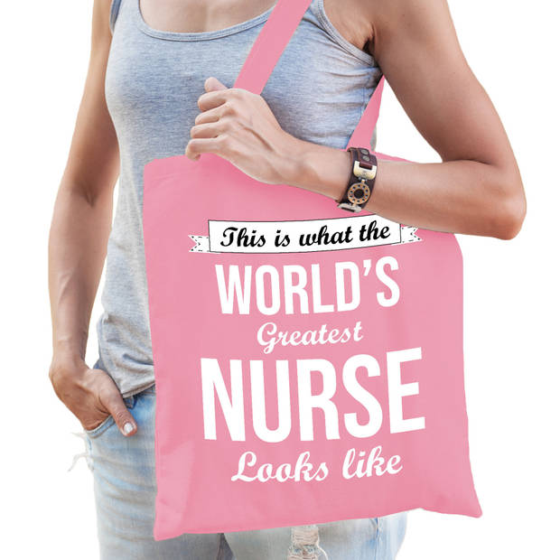 Bellatio Decorations cadeau tas voor verpleegkundigeA - katoen - 42 x 38 cm - world's greatest nurse - Feest Boodschappe
