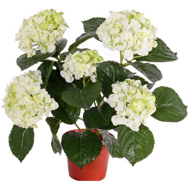 Hortensia kunstplant/kunstbloemen 36 cm - wit/groen - in pot wit glans - Kunstplanten