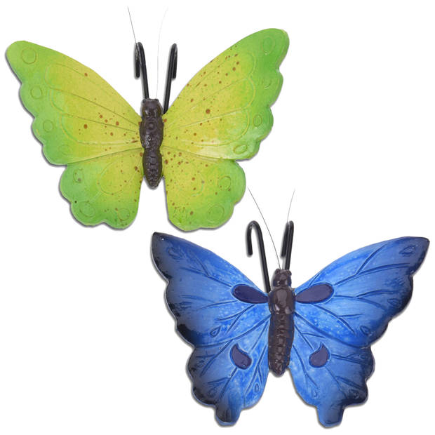 Tuindecoratie bloempothanger vlinder - set 2x - blauw/groen - kunststeen - 13 x 10 cm - Tuinbeelden