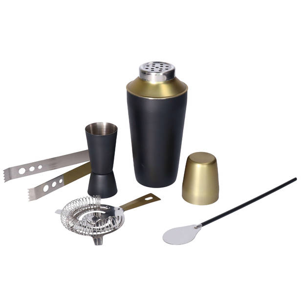 RVS barset / cocktailset / giftset met cocktailshaker 6-delig zwart/goud - Cocktailshakers