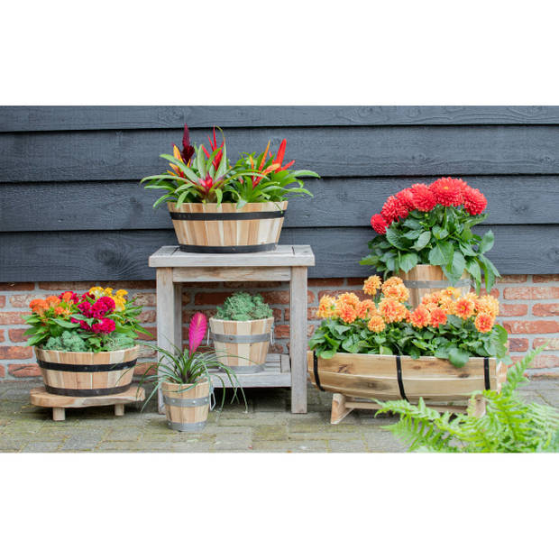 Mega Collections Plantenbak/bloempot - Low Barrel - hout - bruin - D46 x H28 cm - Plantenpotten