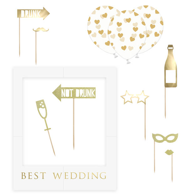 PartyDeco foto prop set Best Wedding - goud/wit - 13-delig - met frame - photobooth - Bruiloft - Fotoprops