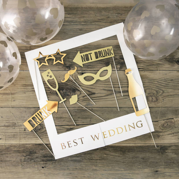 PartyDeco foto prop set Best Wedding - goud/wit - 13-delig - met frame - photobooth - Bruiloft - Fotoprops