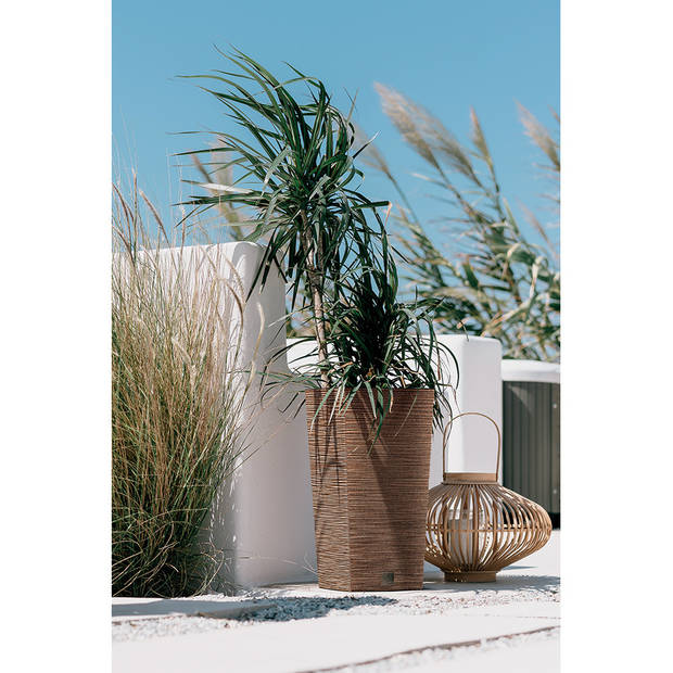 Prosperplast Plantenpot/bloempot - buiten - kunststof - creme/beige - Eco wood look - D26 x H50 cm - Plantenpotten