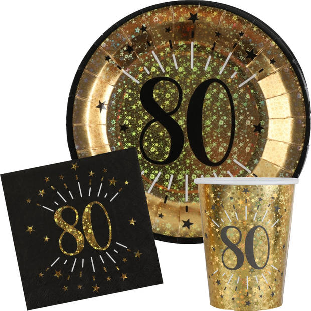 Verjaardag feest bekertjes en bordjes leeftijd - 60x - 80 jaar - goud - karton - Feestpakketten