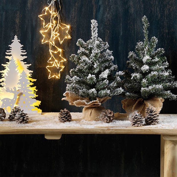 Mini kerstboom - besneeuwd - met gekleurde kerstballen verlichting - H45 cm - Kunstkerstboom