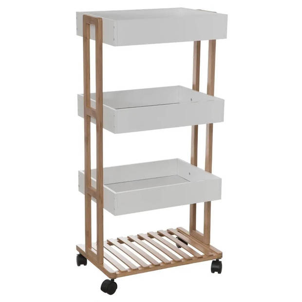 5Five Doucherekje/badkamerrekje/trolley - bamboe/wit - 4 lagen - 40 x 30 x 87 cm - Badkamerkastjes