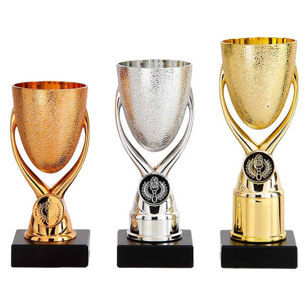 Luxe trofee/prijs bekers - 3x - brons/goud/zilver - metaal - 15 x 6,8 cm - Fopartikelen