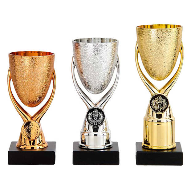 Luxe trofee/prijs bekers - 3x - brons/goud/zilver - metaal - 15 x 6,8 cm - Fopartikelen