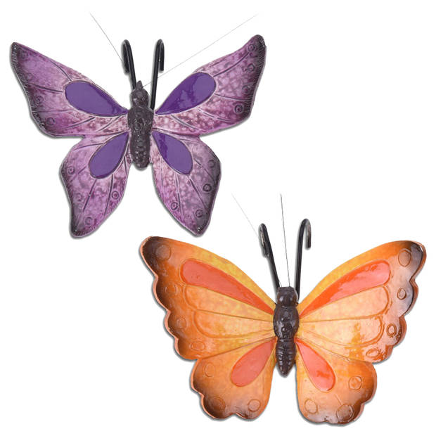 Tuindecoratie bloempothanger vlinder - set 2x - paars/oranjerood - kunststeen - 13 x 10 cm - Tuinbeelden