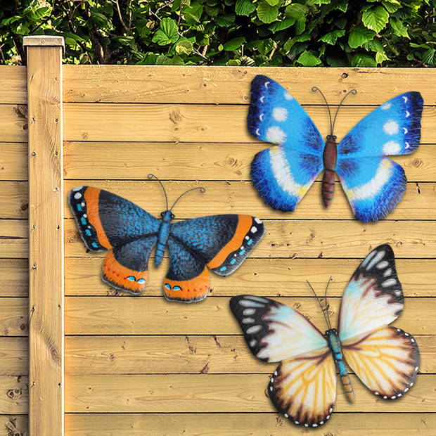 Pro Garden tuin wanddecoratie vlinder - metaal - oranje - 44 x 28 cm - Tuinbeelden