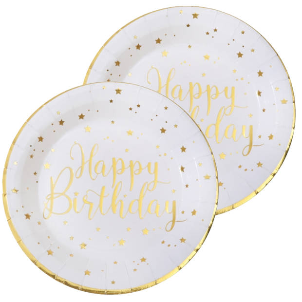 Verjaardag feest bordjes happy birthday - 20x - wit - karton - 22 cm - rond - Feestbordjes