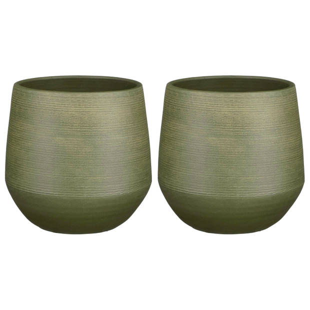 2x Stuks Plantenpot/bloempot keramiek donkergroen relief patroon - D24/H23 cm - Plantenpotten