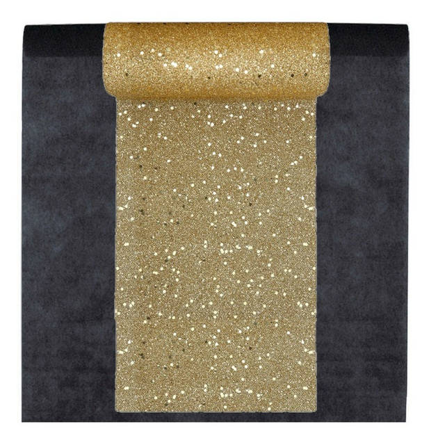 Feest tafelkleed met glitter loper op rol - zwart/goud - 10 meter - Feesttafelkleden