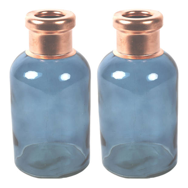 Countryfield Bloemenvaas Firm Bottle - 2x - transparant blauw/koper - glas - D10 x H21 cm - Vazen