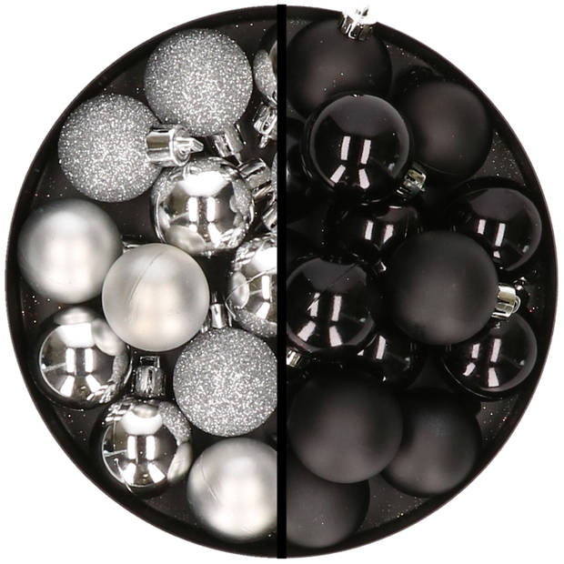 36x stuks kunststof kerstballen zilver en zwart 3 en 4 cm - Kerstbal