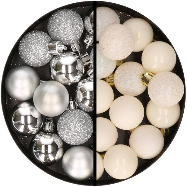 34x stuks kunststof kerstballen zilver en wol wit 3 cm - Kerstbal