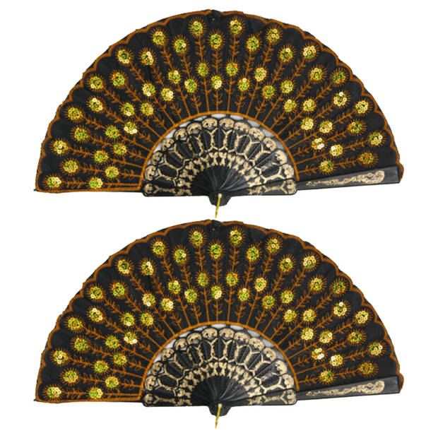Spaanse handwaaier - 2x - zwart/goud - pailletten - kunststof/polyester - 24 x 44 cm - Verkleedattributen