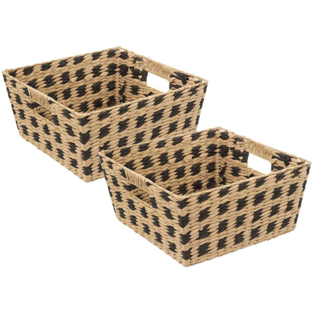 Gevlochten rieten opbergmand - 2x - beige/zwart 31 x 31 x 15 cm - Opbergmanden