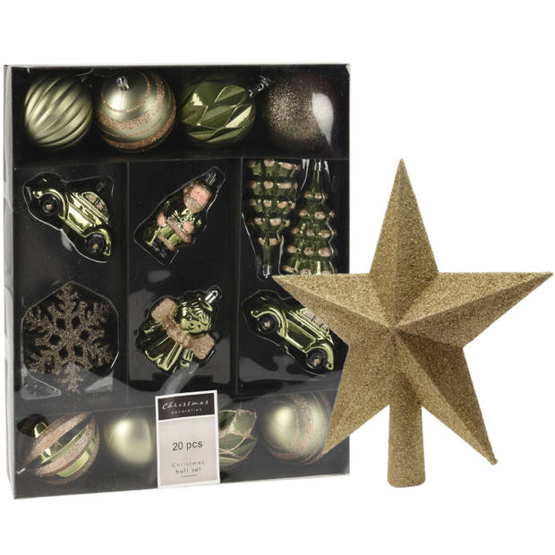 Kerstballen en ornamenten incl. ster piek groen/goud kunststof - Kersthangers