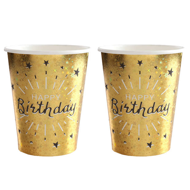 Verjaardag feest bekertjes happy birthday - 20x - goud - karton - 270 ml - Feestbekertjes