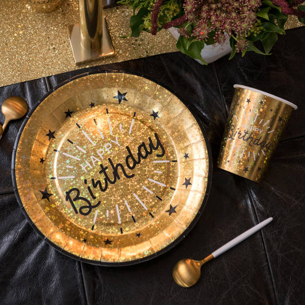 Santex Verjaardag feest bekertjes happy birthday - 10x - goud - karton - 270 ml - Feestbekertjes